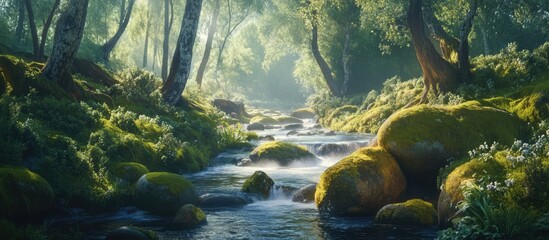 Serene river flowing through a lush forest with mossy stones and vibrant greenery capturing nature's tranquility and beauty.