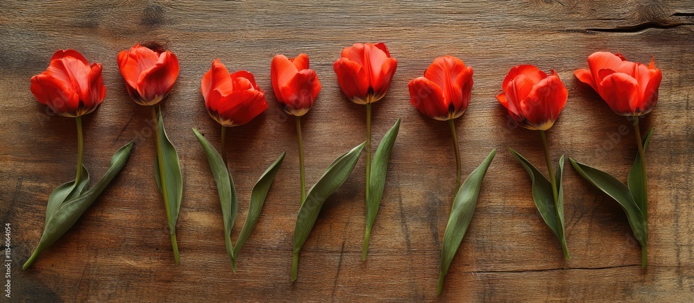 Poster spring red tulips arranged on rustic wooden surface for a serene flat lay floral composition. perfec
