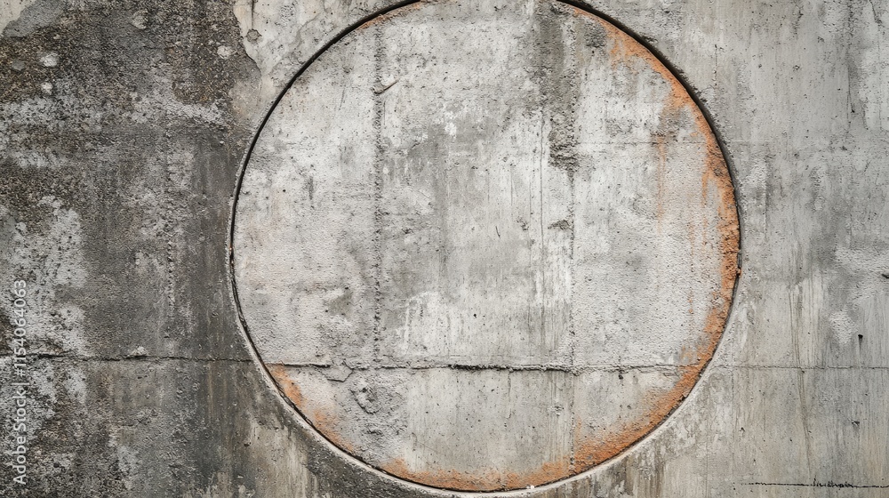 Poster weathered concrete wall with circular pattern showcasing industrial texture and architectural design