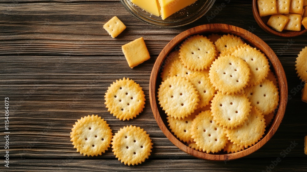 Poster cheese and round crackers arranged on a wooden table creating a rustic and inviting snack compositio