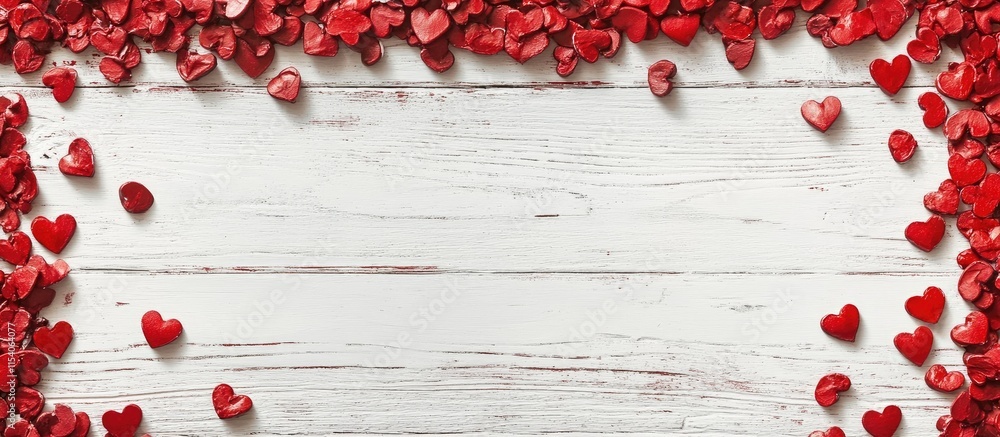 Poster red decorative hearts arranged on a white wooden table creating a romantic frame with space for pers