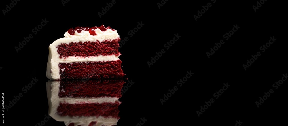 Poster Red Velvet Cake Slice on Black Background Tempting Dessert Close Up with Reflection and Space for Text Insertion