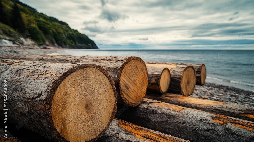 Aufkleber cut logs arranged neatly on a beach with a scenic ocean backdrop and overcast sky creating a tranqui