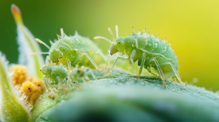 Fototapeta premium Close-up of green aphids feeding on plant leaves in a natural garden setting highlighting pest issues in horticulture.