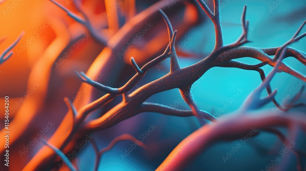 Poster colorful close-up of textured rough twigs with intricate patterns and vivid lighting creating an art