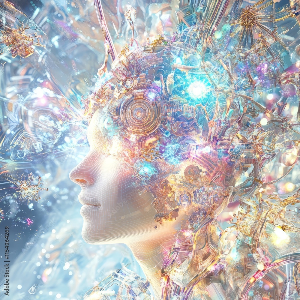 Poster mindscape exploration featuring intricate patterns and colors surrounding a human silhouette represe