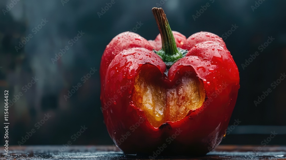 Aufkleber decaying red pepper with a bitten edge showcasing texture and moisture on a dark background