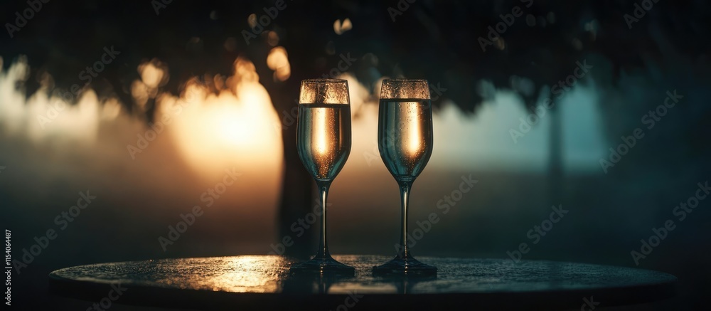 Poster champagne glasses on a table with a blurred tree background creating a romantic and intimate atmosph