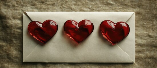 Romantic envelope adorned with red hearts symbolizing love and affection on a textured background perfect for Valentine's Day or love letters.