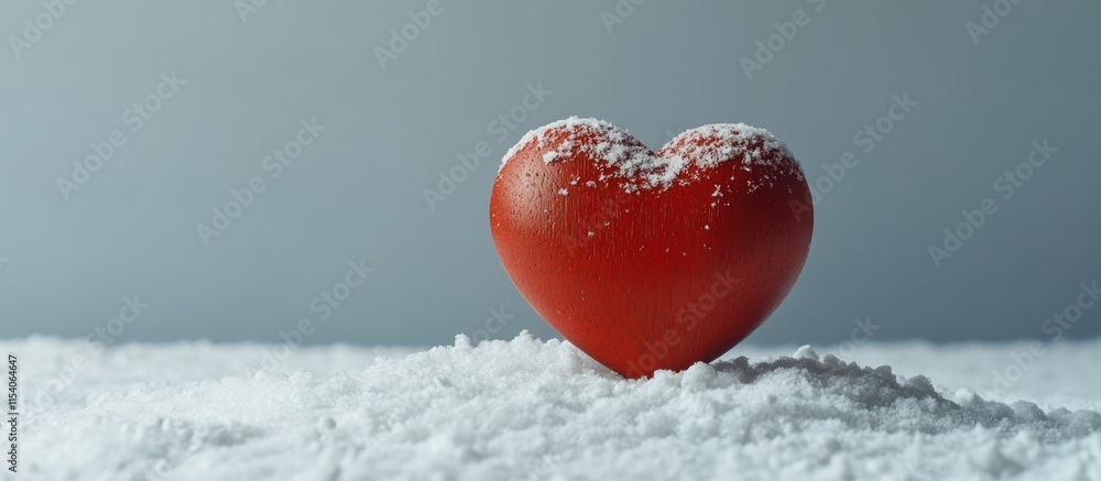 Aufkleber red wooden heart on white artificial snow with sprinkled snowflakes creating a serene winter atmosph