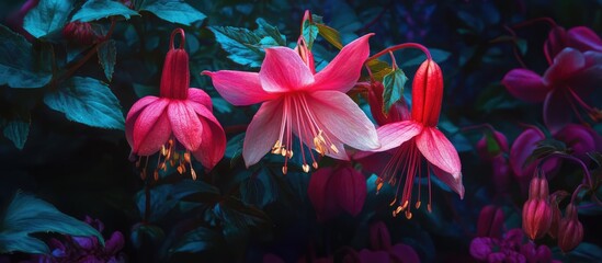Vibrant fuchsia flowers amidst dark foliage creating a stunning natural contrast in a serene garden setting