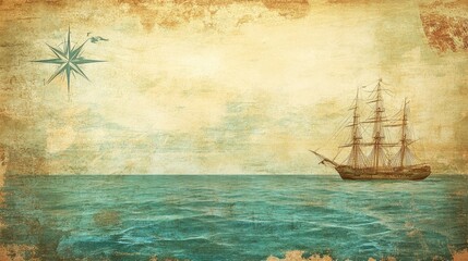 Vintage Sailboat on Ocean With Compass Rose
