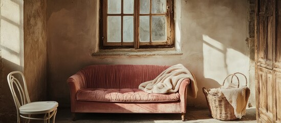 Cozy rustic interior with a pink velour couch wooden window frame white chair and a woven basket holding soft blankets in warm sunlight