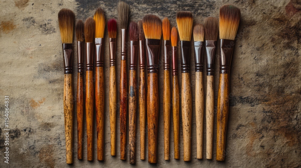 Poster artist paintbrushes arranged in a row on a textured background showcasing various sizes and shapes f
