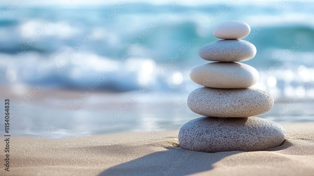 Poster stacked smooth stones on sandy beach with ocean waves in the background symbolizing tranquility and 