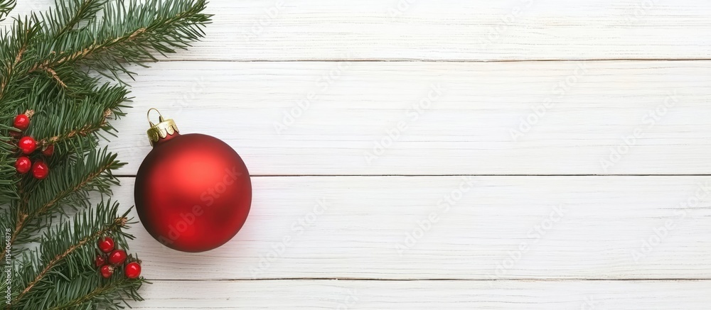 Poster red christmas bauble with fir tree branches and green gift on white wooden surface creating a festiv