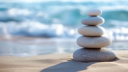 Fototapeta premium Stacked smooth stones on sandy beach with ocean waves in the background symbolizing tranquility and balance in nature's beauty.