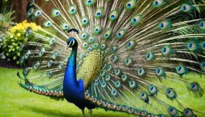 Obraz premium A majestic peacock displaying its vibrant, iridescent tail feathers in full bloom, showcasing the intricate eye-like patterns in a lush garden under a bright sky
