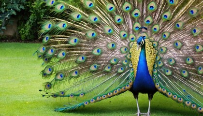 Obraz premium A majestic peacock displaying its vibrant, iridescent tail feathers in full bloom, showcasing the intricate eye-like patterns in a lush garden under a bright sky
