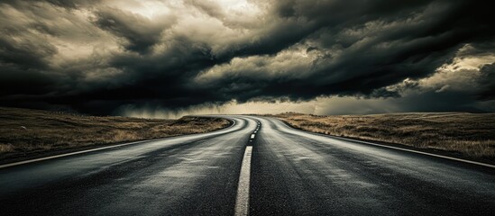 Twisting road through a dramatic tundra landscape under stormy clouds with dark skies and a reflective black tarmac surface.