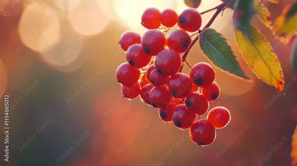 Poster ripening rowanberries on a branch with warm bokeh background capturing the essence of autumn nature 