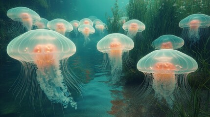 A serene underwater scene featuring glowing jellyfish drifting among aquatic plants.