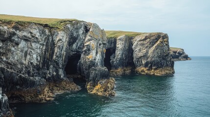 Summer coastal landscape featuring rugged cliffs and dramatic rock formations by the ocean under a...