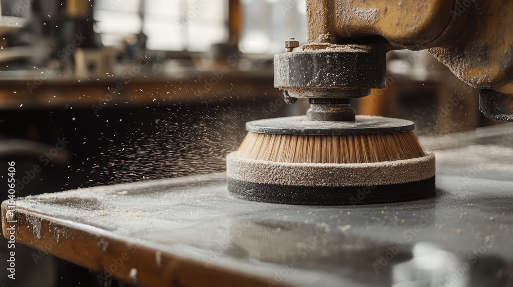 Poster close-up of rotating brush on polisher in workshop demonstrating craftsmanship and precision in wood