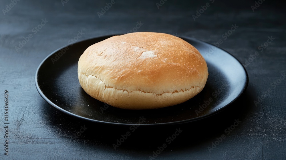 Poster fresh round bread on a sleek dark surface served on a minimalistic black plate with a focus on textu