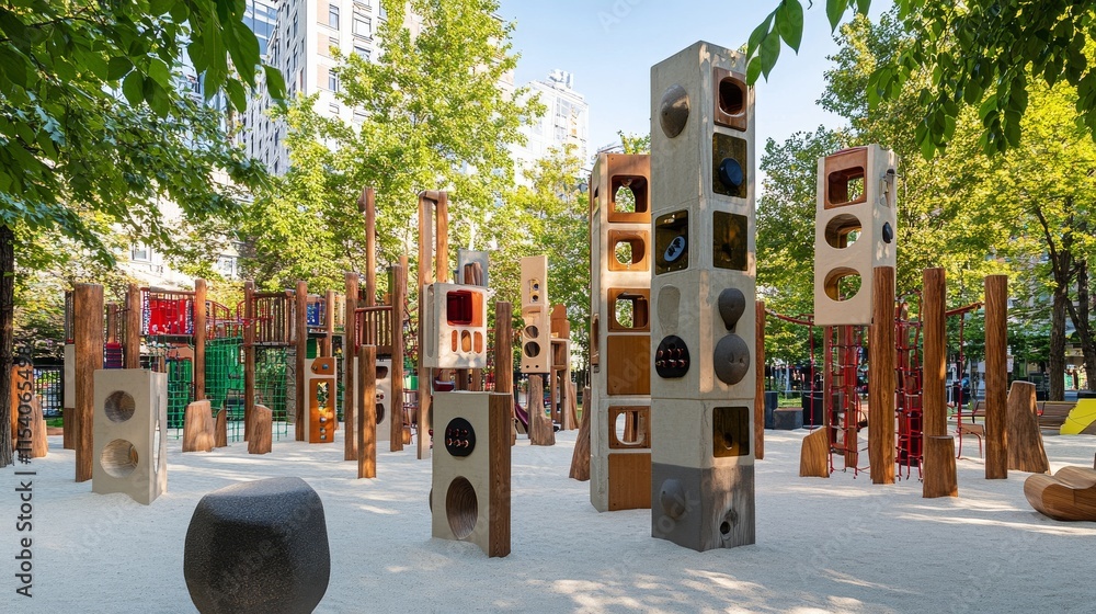 Poster A whimsical block-building playground in a vibrant city park, Towers and structures in a playful array, Urban playground style