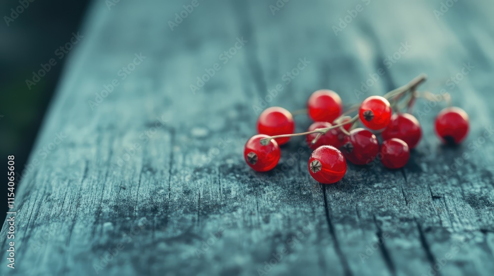 Poster Red currant berries on aged wooden surface with selective focus showcasing vibrant color and texture in shallow depth of field.
