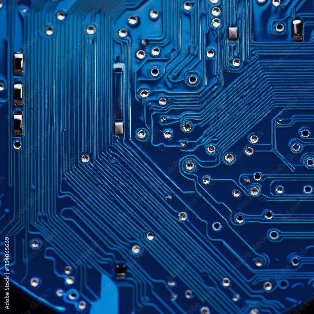 Aufkleber details of a blue circuit board showcasing intricate pathways and components used in modern electron