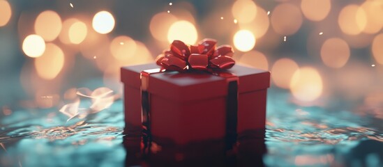 Christmas gift box with red wrapping and bow on bokeh background highlighting festive holiday atmosphere and seasonal celebration themes