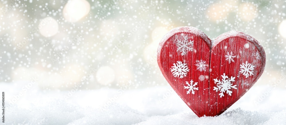 Poster red wooden heart in artificial snow with snowflakes creating a festive winter scene and ample space 