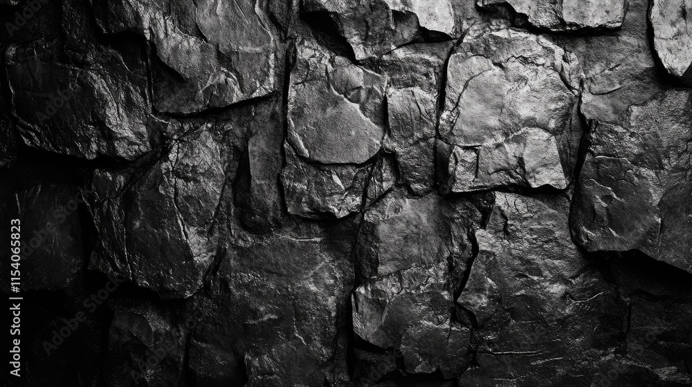 Poster textured black stone wall with rough surface and shadows for background or design use in architectur