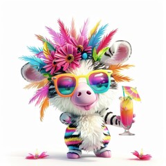 Funny zebra with colorful hair and sunglasses enjoys a tropical drink at a vibrant party