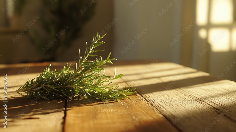 Aufkleber fresh rosemary sprigs arranged on rustic wooden table with soft sunlight creating warm shadows for c