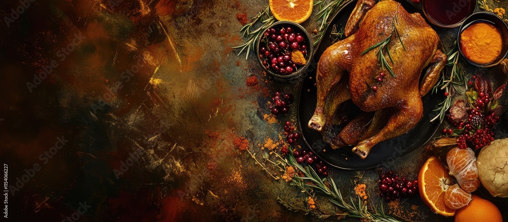 Poster roast duck with orange rosemary and berries displayed on a dark background ideal for a menu or recip