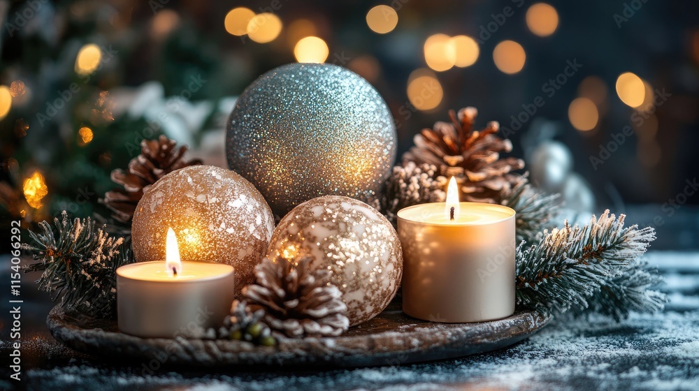 Poster festive round candles and ornaments surrounded by pinecones in a cozy dark setting with soft bokeh l