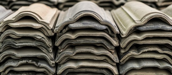 Neatly stacked roof tiles arranged in rows for construction and renovation projects showcasing texture and materials for building applications