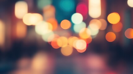 Fototapeta premium Blurred bright glowing lights of district in megapolis under dusk sky in evening on blurred background