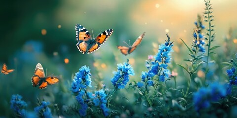 summer nature scene with magic blue flowers and flying butterflies on a green background