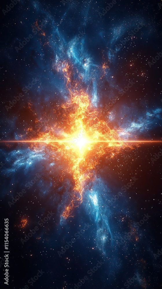 Poster cosmic explosion fiery energy bursts through space illuminating nebulae vibrant display of celestial
