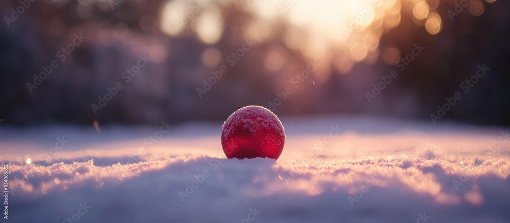 Poster red christmas ornament on snow with shimmering bokeh lights creating a warm winter atmosphere during