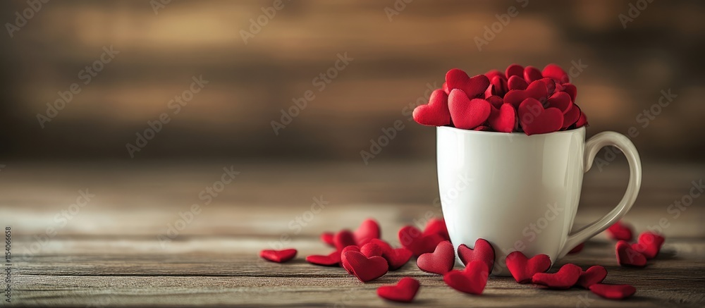 Poster cascading red heart shapes from a white mug on a rustic wooden table creating a romantic flat lay ar