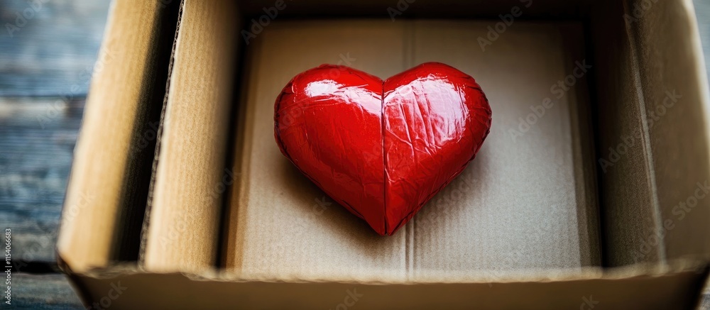 Poster red heart placed in an open cardboard box symbolizing love and affection concept on rustic wooden ba