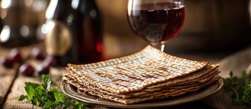 Jewish holiday matzo stacked on a plate accompanied by red wine symbolizing tradition and celebration of freedom and exodus from servitude