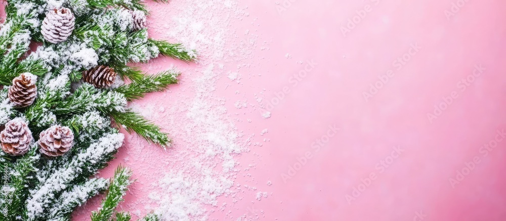 Aufkleber christmas themed background showcasing snow-covered pine branches and cones on a soft pink backdrop 