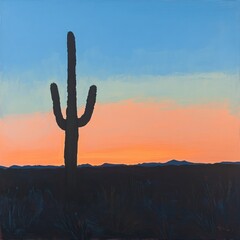 Silhouette of saguaro cactus at sunset in desert landscape.
