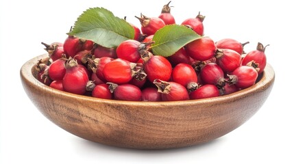 Rosehip berries in a rustic wooden bowl with green leaves on a bright white background showcasing natural health and culinary ingredients